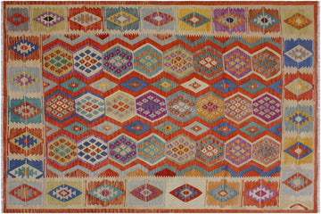 Flat Weave Kilim, Antique, Navaho, Vintage, Handmade, Geometric Kilim Rust Beige Hand-Woven Rectangle 100% Wool Area Rug 8 x 10